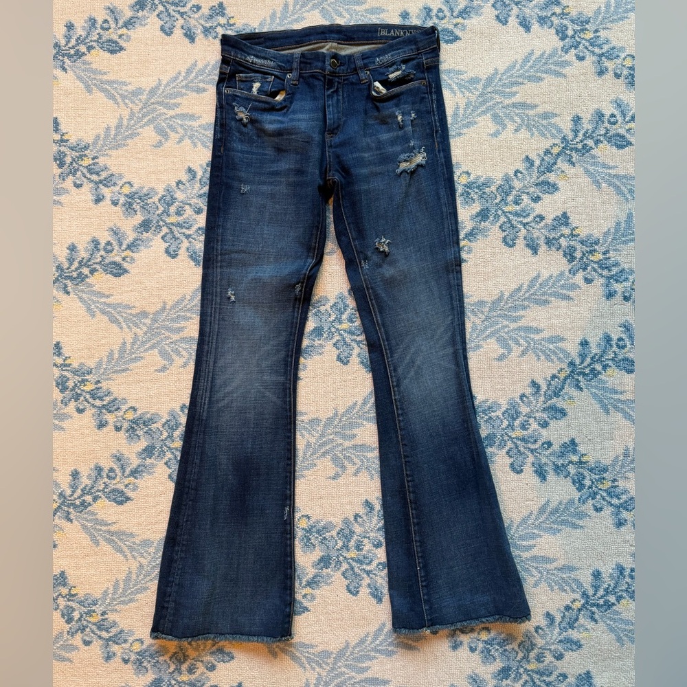 [BLANKNYC] High-Rise Distressed Flare Jeans - Dark Wash - Size 28